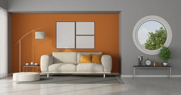 グレーとオレンジの壁 白いソファとラウンドウィンドウ付きのリビングルーム 3Dレンダリング — ストック写真