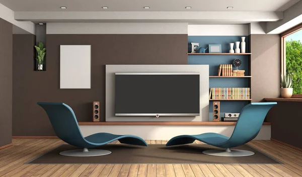 Moderne Woonkamer Met Home Cinema Systeem Twee Blauwe Chaise Lounges — Stockfoto