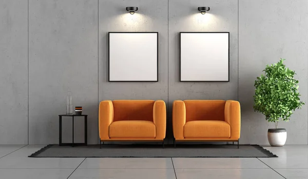 Minimalistyczna Betonowa Sala Dwoma Pomarańczowymi Fotelami Stolikiem Kawowym Renderowanie — Zdjęcie stockowe
