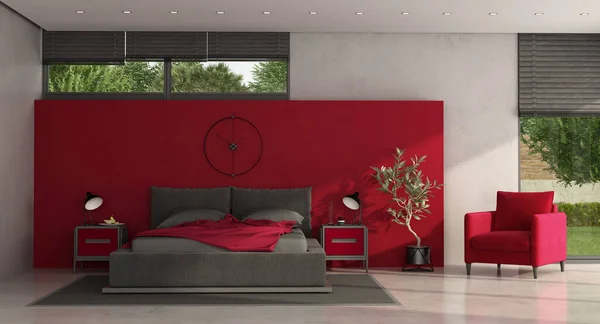 Minimalistische Rode Grijze Master Bedroom Met Tweepersoonsbed Nachtkastje Fauteuil Rendering — Stockfoto