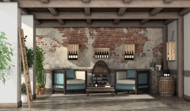 Şarap tatmak için iki koltuk, sehpa, eski fıçılar ve şarap şişeleri olan taşra verandası