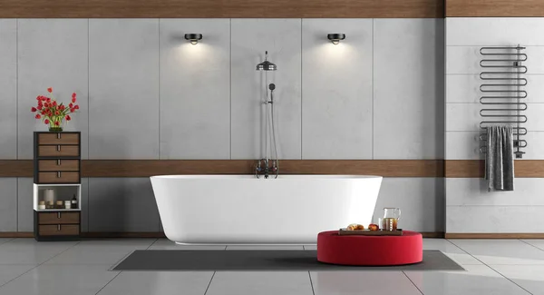 Minimalist Bathroom Bathtub Shower Chest Drawers Radiator Concrete Wall Rendering — Stock Photo, Image