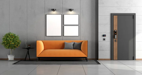 Entrada Casa Con Puerta Frontal Sofá Moderno Naranja Contra Pared — Foto de Stock