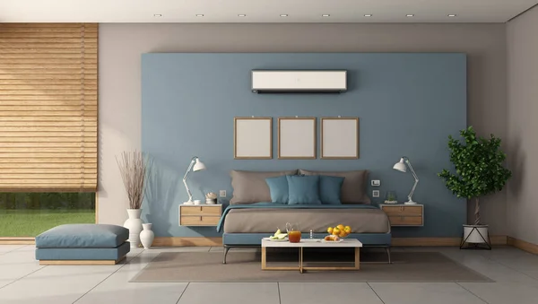 Modernes Hauptschlafzimmer Mit Minmalistischem Doppelbett Und Klimaanlage Blauer Wand Rendering — Stockfoto