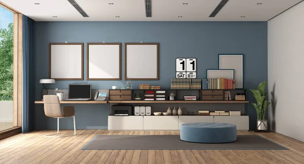 Work Home Large Room Desk Sideboard Blue Wall Rendering — Stock Photo, Image