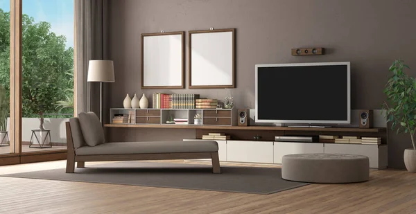 Bruine Woonkamer Met Home Cinema Systeem Chaise Lounge Voetenbank Rendering — Stockfoto