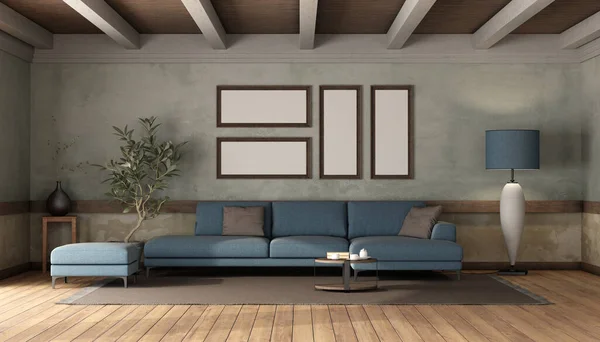 Modern Blue Sofa Footstool Retro Room Old Walls Rendering — Stock Photo, Image