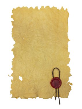 Beyaz bir arka plan üzerinde izole bir mum mühür ile eski kağıt 