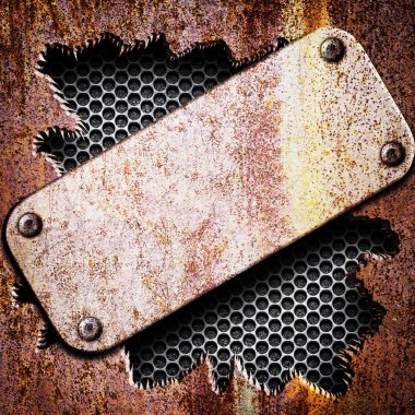 metal plaka arka planda düzensiz ve paslı demir kafes