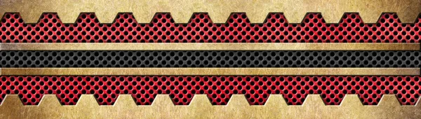 metallic background of bronze or brass plates and red grid