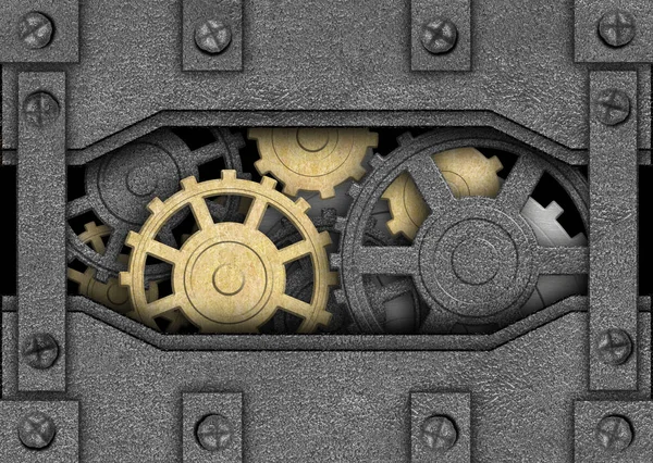 Iron background with metal gears, ancient mechanism — Stock Photo, Image