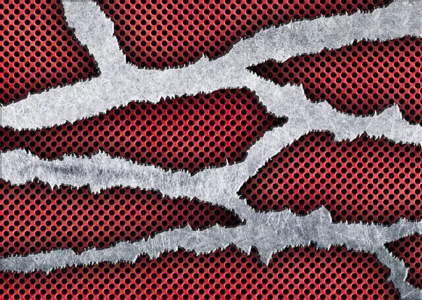 Σχισμένο μεταλλική γρίλια ένα κόκκινο, σίδηρο υφή με τρύπες και κατεστραμμένα edg — Φωτογραφία Αρχείου