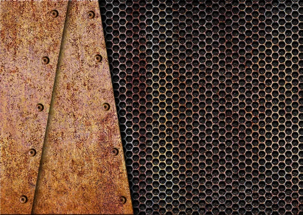 Ржавая металлическая фоновая пластина на старой решетке, 3d, иллюстрация — стоковое фото
