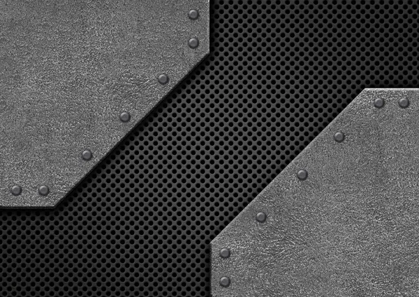 Placa de metal gris con malla negra, patrón de hierro perforado, 3d, i — Foto de Stock