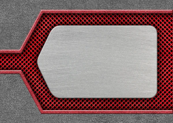 Placa de metal sobre un patrón de hierro de malla roja como fondo, 3d, illust — Foto de Stock