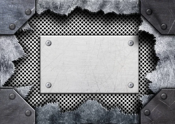 Trou déchiré dans le métal, plaque de maille d'acier, 3d, illustration — Photo