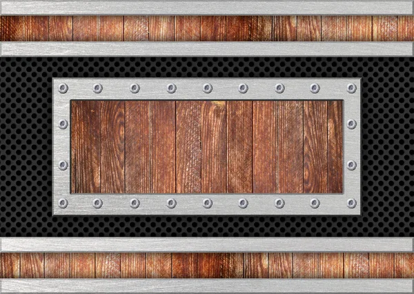 Μέταλλο υφή φόντου με τα ένθετα ξύλου για το σχέδιο, 3d, εικονογράφο — Φωτογραφία Αρχείου