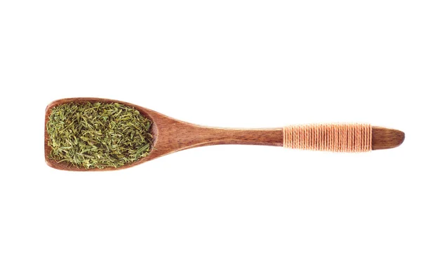 Spice dried dill in  wooden spoon isolated on a white background — Stock Photo, Image