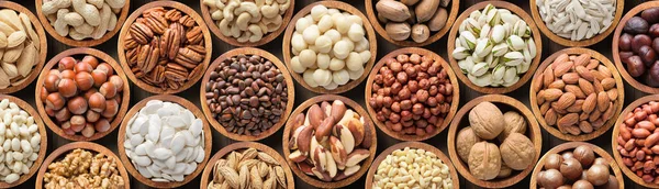 Assorted Nuts Seeds Wooden Bowls Healthy Food Background — Stock Photo, Image