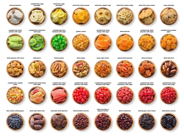 Large Assortment Dried Fruit Top View Candied Sundried Berries Wooden — Stock Photo, Image