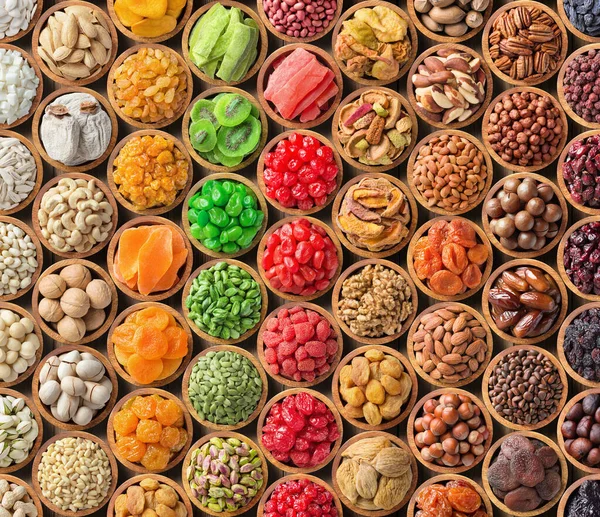 Assorted Nuts Dried Fruit Background Organic Food Wooden Bowls Top — Stock Photo, Image