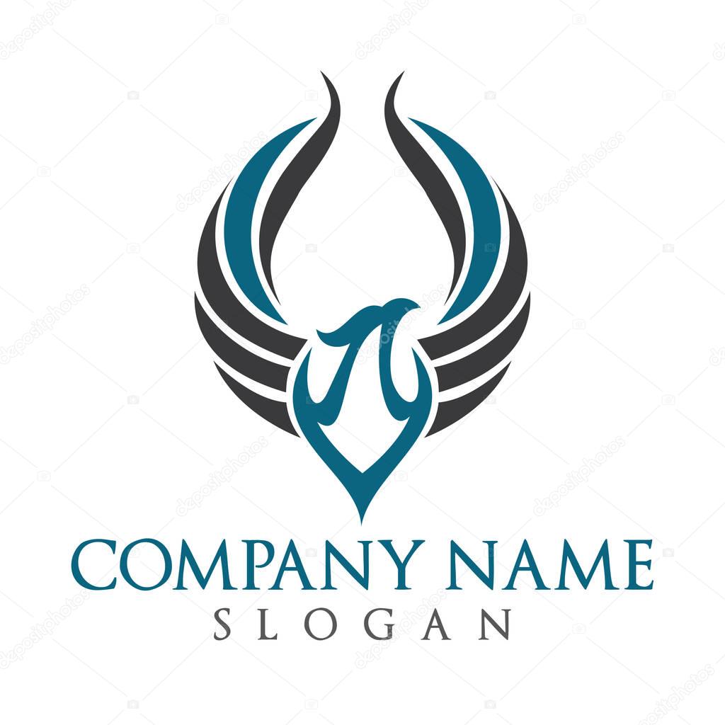 Stylized graphic phoenix bird resurrecting in flame logo template.