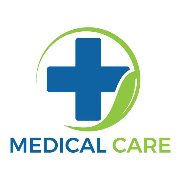 Abstraktes grünes Blatt und blaues Kreuz medizinisches Vektor Logo Design. — Stockvektor
