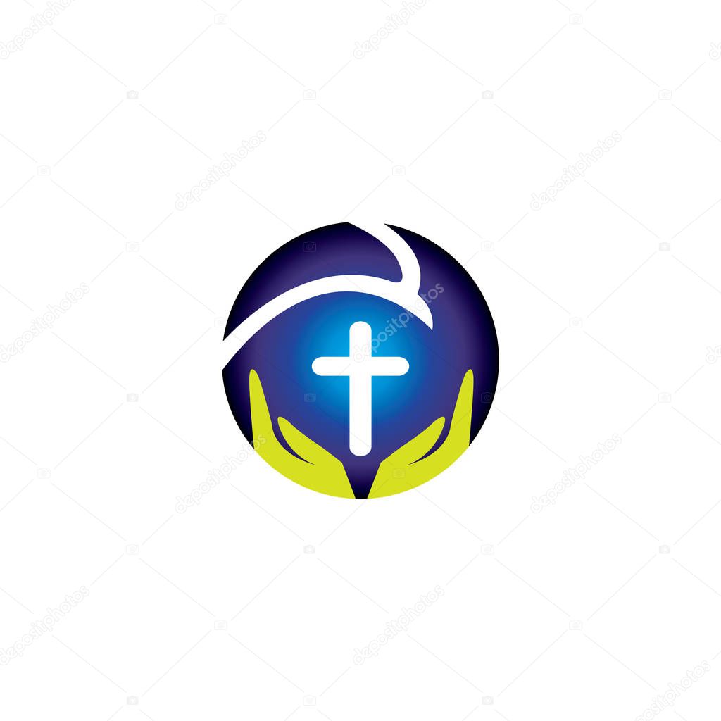 Praying hand holding cross. Religion, Church vector logo