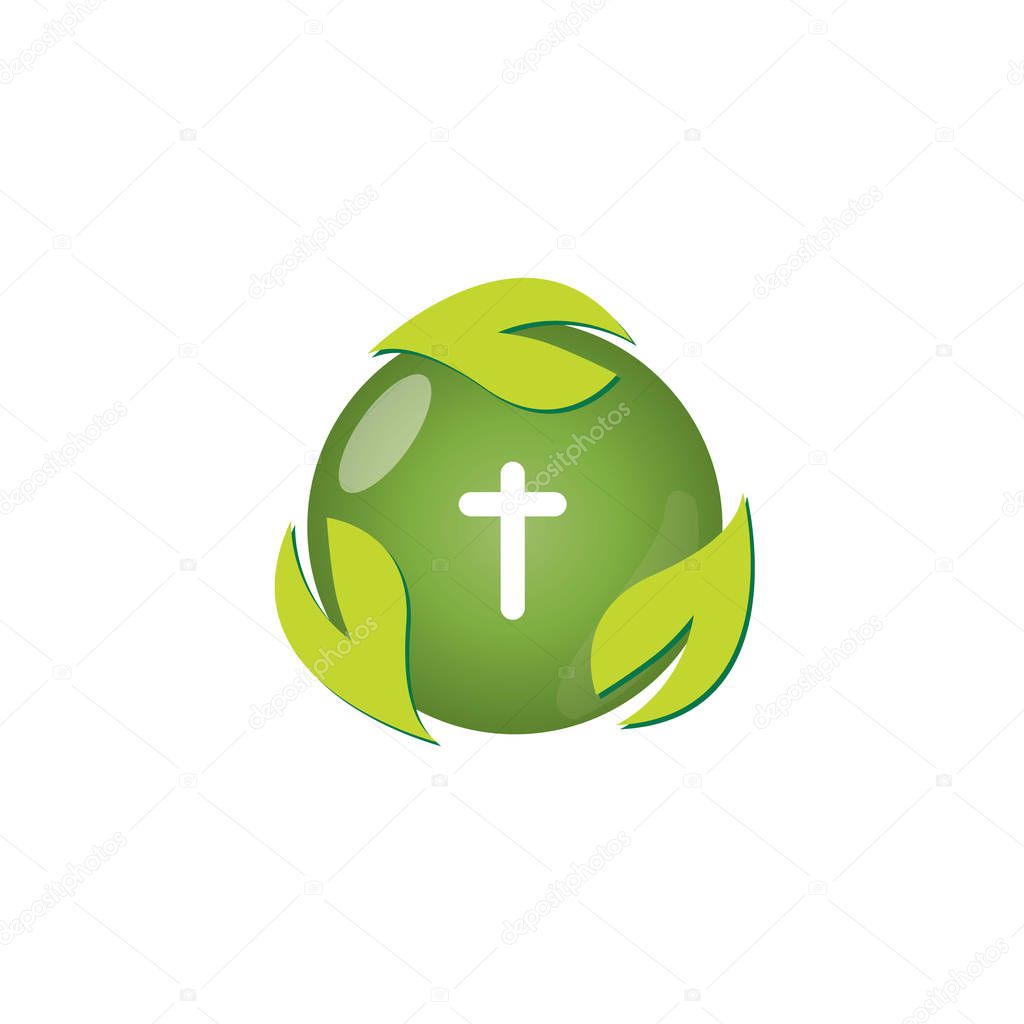 Christian church vector logo. Blue crucifix, flying dove, green leaves. Religious educational sign, symbol of growing.