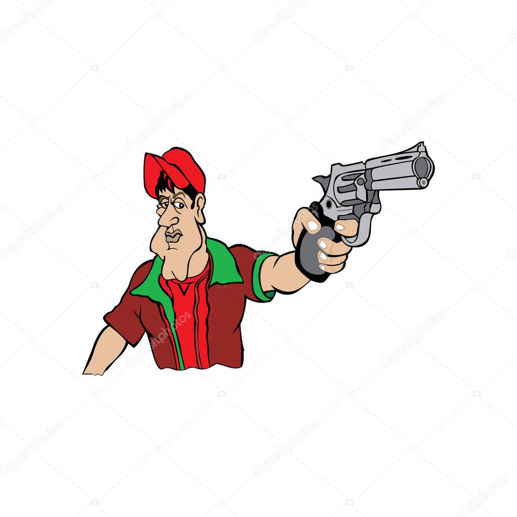 Cartoon illustration of a man holding gun in hand.