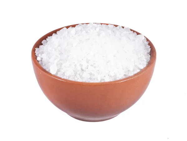 Table salt in a brown bowl, isolated on white background — Stock Photo, Image