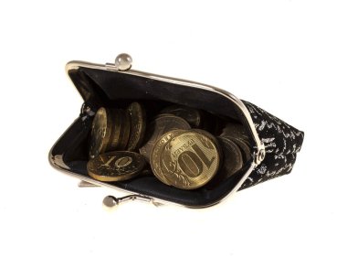 Beyaz arka planda parası olan cüzdan.