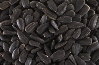 Beyaz bir arka plan üzerinde kahverengi bir kabın içinde kavrulmuş ayçiçeği tohumu