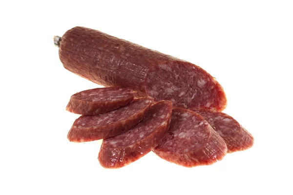 Saucisse "Servelat". Isolé sur fond blanc — Photo