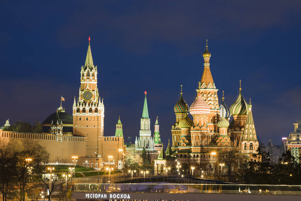 Russia. Moscow. St. Basil's Cathedral on Red Square and the Spasskaya Tower of the Kremlin. View from Zaryadye Park