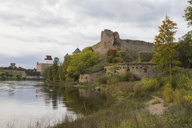 - Rusya. İvangorod. Ivangorod kalesi ve Narva kalesinin manzarası