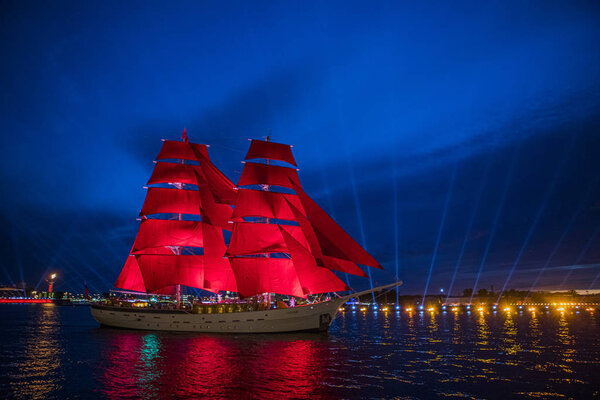 Russia. St. Petersburg. Scarlet Sails 2019 Sailboat with red sails "Russia"