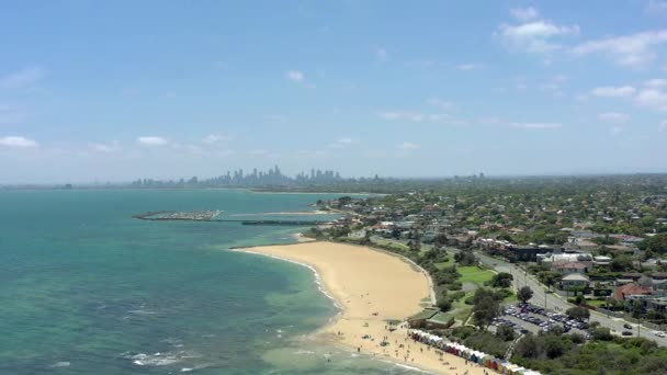 Dendy Street Beach Melbourne Zobacz Powietrza Melbourne Skyline — Wideo stockowe