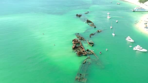 Überflug Von Tangalooma Schiffswracks Australischen Brisbane Sommer — Stockvideo
