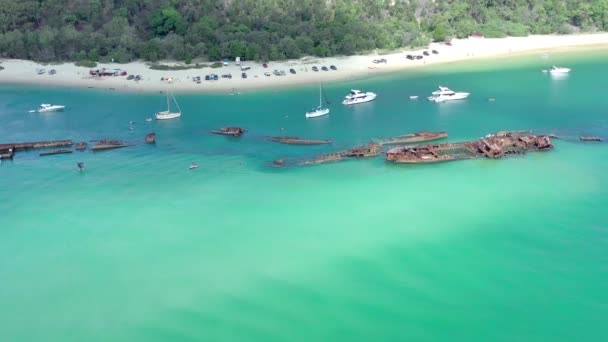 Flygfoto Över Tangalooma Skeppsvrak Brisbane Australien Sommaren — Stockvideo