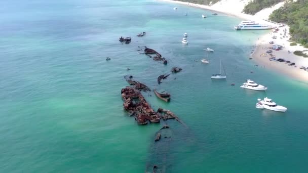 Aerial Flyover Tangalooma Shipwrecks Brisbane Australia Summer — Stock Video