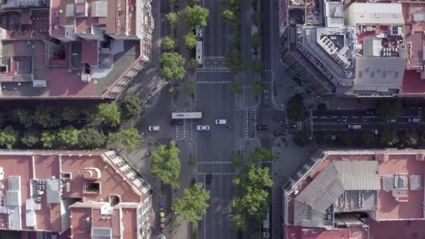 Voertuigen Die Door Een Kruispunt Rijden Barcelona City Bird Eye — Stockvideo