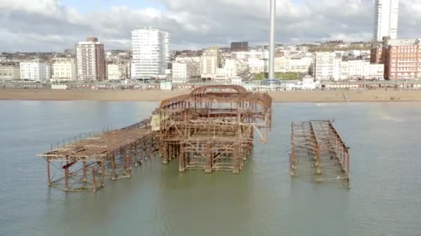 Brighton West Pier Remains Aerial View — Stock Video
