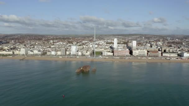Brighton West Pier Παραμένει Στο Ηνωμένο Βασίλειο Aerial View — Αρχείο Βίντεο