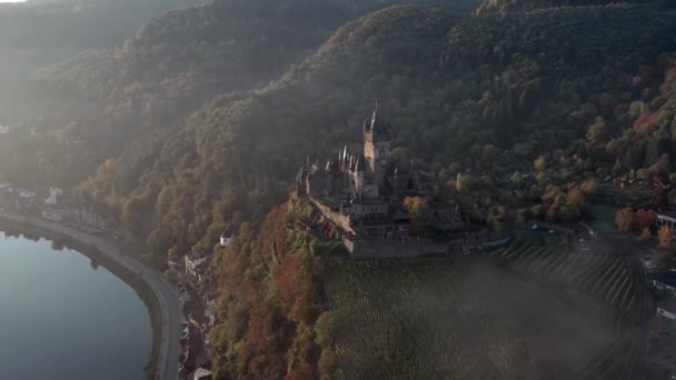 Sunrise View Cochem Germany Medieval Castle Overlooking River — Stock Video
