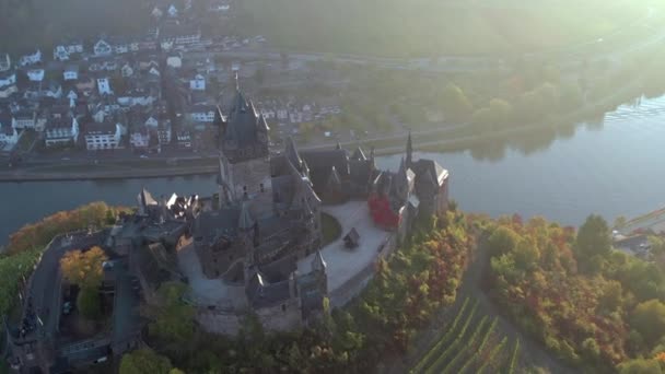 Sunrise View Cochem Germany Medieval Castle Overlooking River — Stock Video