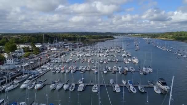 Aerial View Yachts Moored Estuary Sunset — Stock Video