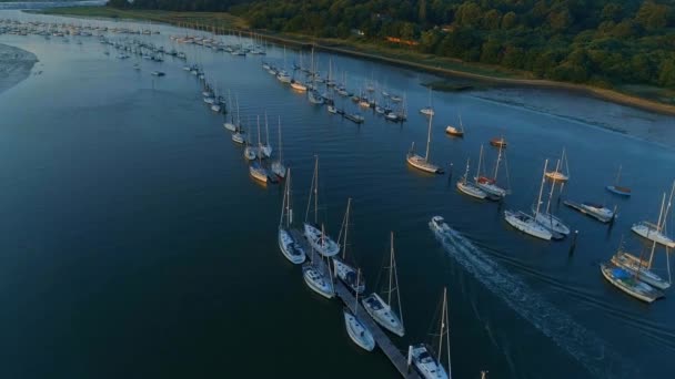 Luftaufnahme Von Yachten Die Bei Sonnenuntergang Einer Mündung Festmachen — Stockvideo