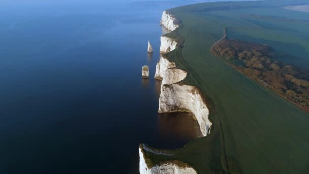 Gamla Harry Rocks Naturlig Kustfunktion England Från Luften — Stockvideo