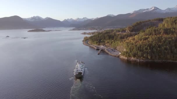 Norwegian Ferry Service Crossing Fjord Carrying Passengers Vehicles — Stock Video